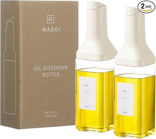 Oil Dispenser Bottle – Set of 2 12oz/350ml Oil and Vinegar Dispenser - Drip-Free Spout Glass Oil Dispenser – Kitchen Oil Dispenser with Automatic Pouring Lid - Olive Oil Bottle for Cooking