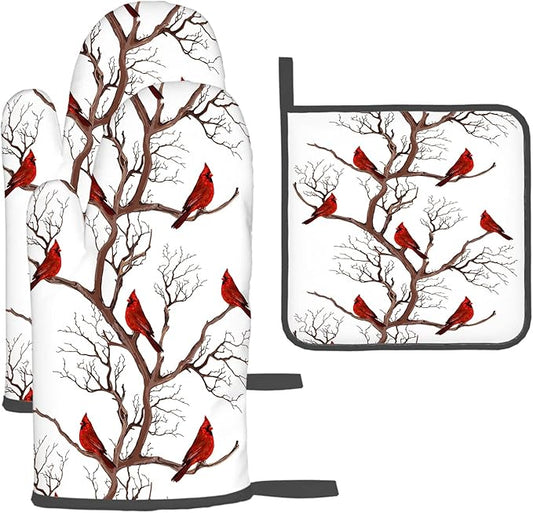 Winter Cardinal Birds Oven Mitts and Pot Holders Sets of 3 Kitchen Hot Pads Oven Gloves Heat Resistant Washable for Cooking Grilling Baking Christmas Holiday Kitchen Decor Cardinal Gifts for Women by Unknown