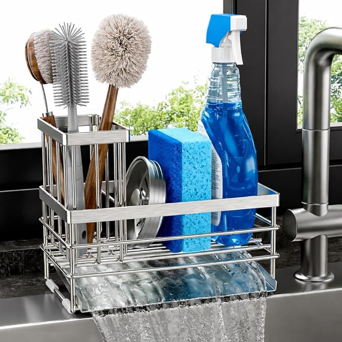Cisily Sink Caddy Sponge Holder for Kitchen with Brush Holder and Stainless Steel Self Drain Tray, Rustproof Kitchen Sink Organizer for Sponge, Soap Dispenser Storage Accessories (Stainless Steel) by CISILYHOMELIFE