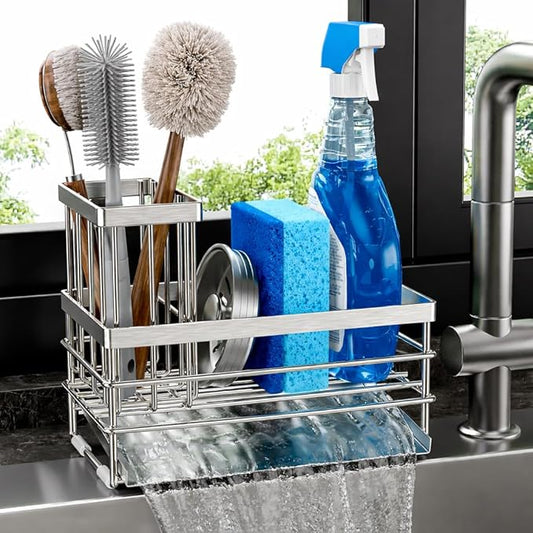 Cisily Sink Caddy Sponge Holder for Kitchen with Brush Holder and Stainless Steel Self Drain Tray, Rustproof Kitchen Sink Organizer for Sponge, Soap Dispenser Storage Accessories (Stainless Steel) by CISILYHOMELIFE