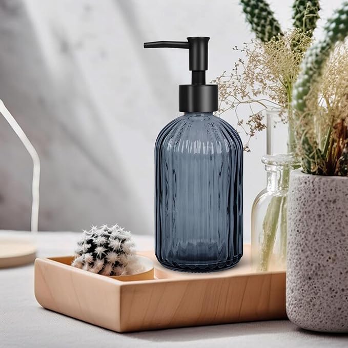 Topsky Stripe Glass Soap Dispenser with Black Plastic Pump, 400ml Liquid Hand Soap Dispenser, Rustproof Pump for Kitchen & Bathroom, Great for Lotions, Essential Oil, Liquid Soaps- (Grayish Blue) - Image 7