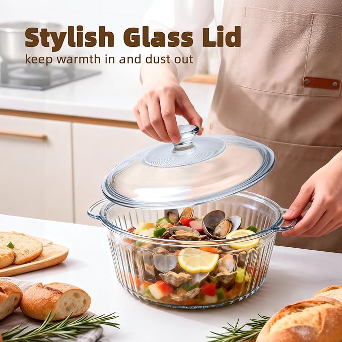 Luvan 2.4L/2.5Qt Round Glass Casserole Dish with Lid, Clear Baking Dish with Handles for Baking, Cooking & Serving, High Borosilicate Lead-Free Glass cookware, Oven, Microwave, Freezer & Dishwasher Safe - Image 6