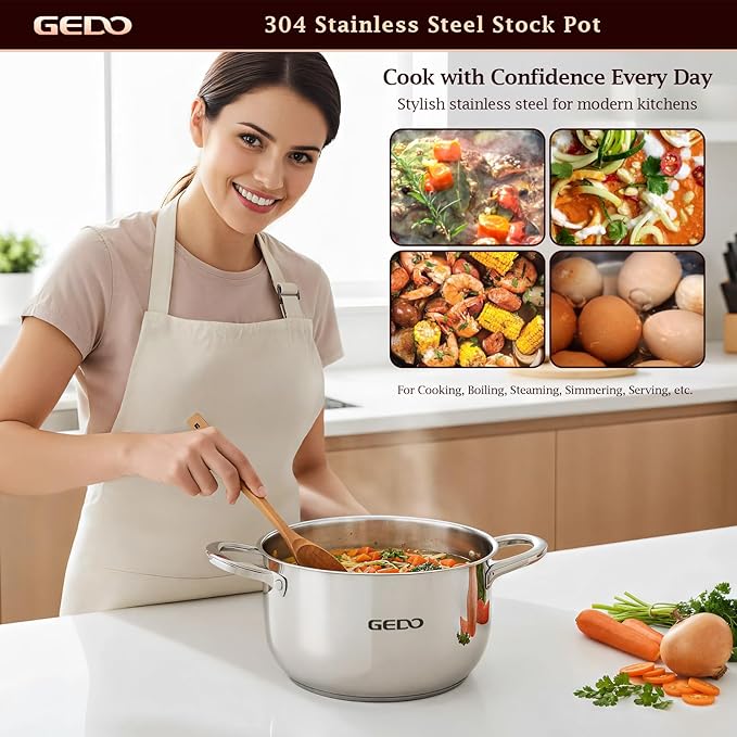 GEDO Stainless Steel Stock Pot with Glass Lid, 304 Grade Premium Soup Pot, Silver, Double Handle, for Kitchen Cooking (8.64in/22cm size) - Image 2