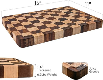 Checkered Cutting Boards for Kitchen, Acacia Wooden Chopping Board with Juice Grooves & Handles, Thickened Butcher Block for Meat, Vegetables and Fruits with Gift Box, 16" x 11" x 1.4" - Image 6