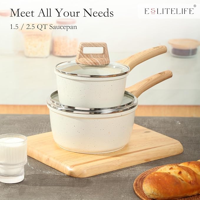ESLITE LIFE Nonstick Sauce Pan with Lid, 2.5 QT Small Soup Pot Compatible with All Stovetops (Gas, Electric & Induction), PFOA Free, White - Image 7