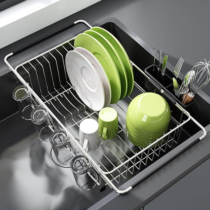 JASIWAY Dish Drying Rack in Sink, Expandable Stainless Steel Dish Drainers for Kitchen Counter, Dish Dryer Rack for Inside Sink, Over The Sink Dish Racks with Utensil Holder, Silver by JASIWAY