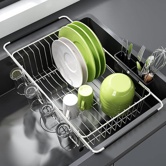 JASIWAY Dish Drying Rack in Sink, Expandable Stainless Steel Dish Drainers for Kitchen Counter, Dish Dryer Rack for Inside Sink, Over The Sink Dish Racks with Utensil Holder, Silver by JASIWAY