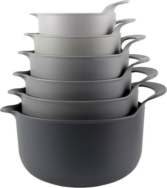 COOK WITH COLOR Nesting Plastic Mixing Bowl Set with Pour Spouts and Handles, Gray, 6 Piece Non-Slip by CookwithColor