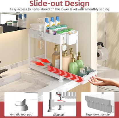 Sevenblue Under Sink Organizer, Bathroom Organizers and Storage, 2 Tier Multi-Use Pull Out Cabinet Organizer with Hang Hooks and Cups (White, 4 Pack) - Image 2