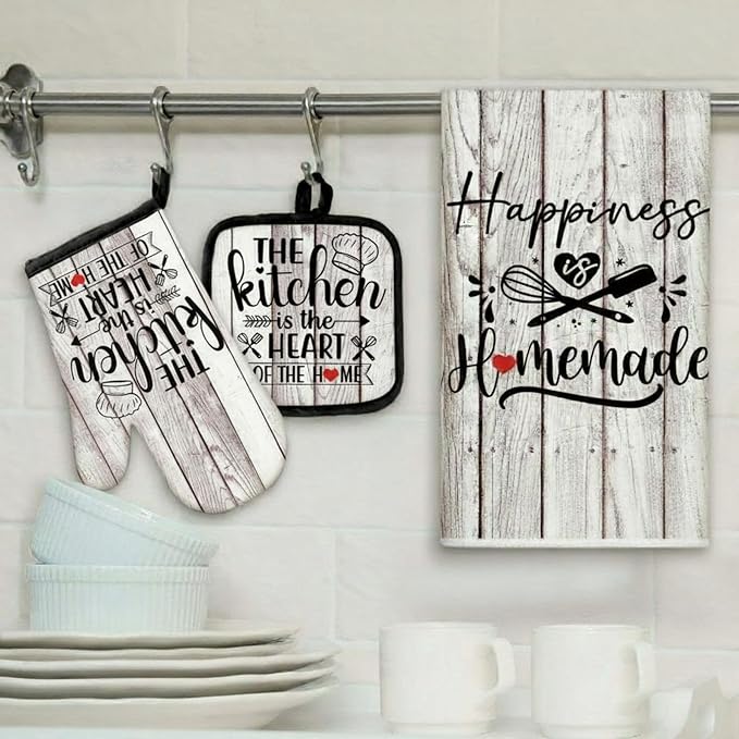 Sratte 6 Pcs Kitchen Decor Accessories Set Farmhouse Towels Pot Holders Oven Mitts Set 2 Dish Towels 2 Potholders 2 Cooking Mittens Oven Glove for Christmas Baking Cooking(White Wood Grain) - Image 7