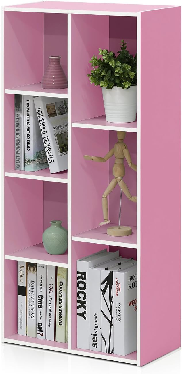 Furinno LUDER Book Shelf, 7-Cube Bookshelf, Bookcase with Open Shelves, 9.4 x 19.5 x 41.7, Easy Assembly, for Living Room, Bedroom, Home Office, White/Pink by Furinno-FitsYourSpaceFitsYourBudget