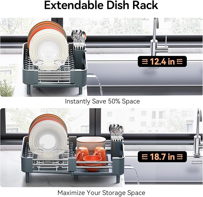 Urackify Stainless Steel Dish Drying Rack - Dish Drainer for Kitchen Counter, Extendable Drainboard with Foldable, Space-Saving Cup & Bowl Organizer, Includes Knife and Utensil Holder, Matte-Green - Image 4