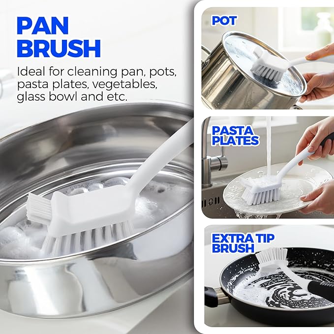 Holikme 6 Pack Dish Brush Set with Bottle Brush, Dish Scrub Brush, Pan Brush and 3 Straw Brushes, Deep Cleaning Handle Brush with Scraper Tip for Kitchen Sink Dishes Bottle Cup Pot and Pans (Black) - Image 3