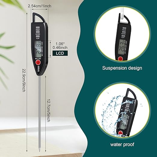 Copkim 3 Pcs Instant Read Meat Thermometer with Long Probe 9.65 Inch Kitchen Cooking Food Candy Waterproof Digital Thermometer for BBQ Water Milk Yogurt Liquid (Pointed,Black) - Image 2