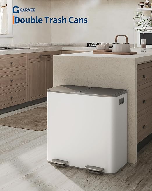 Garvee Trash Can, 2 x 10.6 gal (2 x 40 L) Garbage Can for Kitchen Dual Compartment Recycling Kitchen Step Trash Bin, Stainless Steel Trash and Recycle Bin Combo with Soft-Close Lid,Grayish-White - Image 2