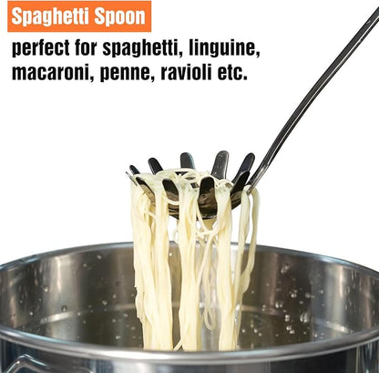Stainless Steel Spaghetti Spoon, 13 Inch Pasta Server with Toothed Head and Comfortable Grip, Metal Pasta Fork for Serving Spaghetti, Linguine, Noodles, Ravioli and More, Black