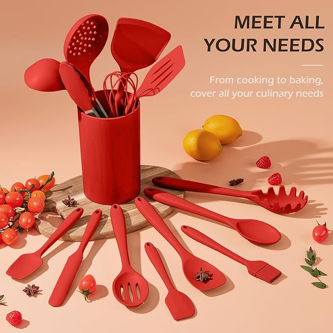 Kitchen Cooking Utensils Set with Holder, Homikit 15-Piece Silicone Spatula Set for Nonstick Cookware, 446°F Heat Resistant Spoon Turner Tong Whisk Brush for Cooking and Baking-Red - Image 7