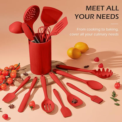 Kitchen Cooking Utensils Set with Holder, Homikit 15-Piece Silicone Spatula Set for Nonstick Cookware, 446°F Heat Resistant Spoon Turner Tong Whisk Brush for Cooking and Baking-Red - Image 7
