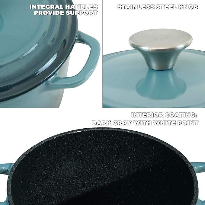 Flavehc Dutch Oven Pot with Lid 2.8 qt Cast Iron Dutch Oven for Bread Baking Slateblue Enameled Cast Iron Rice Pot with Handels - Image 2