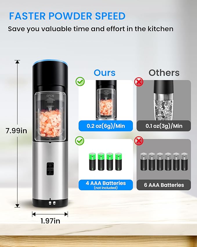 Gravity Electric Pepper and Salt Grinder Set of 2 Pack, One Hand Automatic Shakers Mill, Adjustable Coarseness, Battery Powered with LED Light, Brushed Stainless Steel Perfect for Kitchen - Image 5