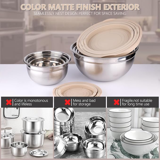 Leidawn Mixing Bowls with Lids set - 25 PCS Stainless Steel Nesting Khaki Mixing Bowls Set for Baking,Mixing,Serving & Prepping,Size 5, 3.7, 2.8, 2.3, 1.7, 1.1, 0.7QT, 11 Cooking Utensils - Image 6