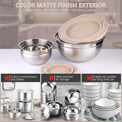 Leidawn Mixing Bowls with Lids set - 25 PCS Stainless Steel Nesting Khaki Mixing Bowls Set for Baking,Mixing,Serving & Prepping,Size 5, 3.7, 2.8, 2.3, 1.7, 1.1, 0.7QT, 11 Cooking Utensils - Image 6