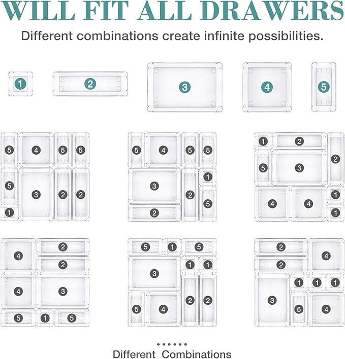 StorMiracle 13 PCS Drawer Organizer Set, 5 Varied Size Bathroom and kitchen Drawer cabinet organizer Trays, Clear Storage Bins for Makeup, Jewelry, Utensils and Gadgets - Image 4