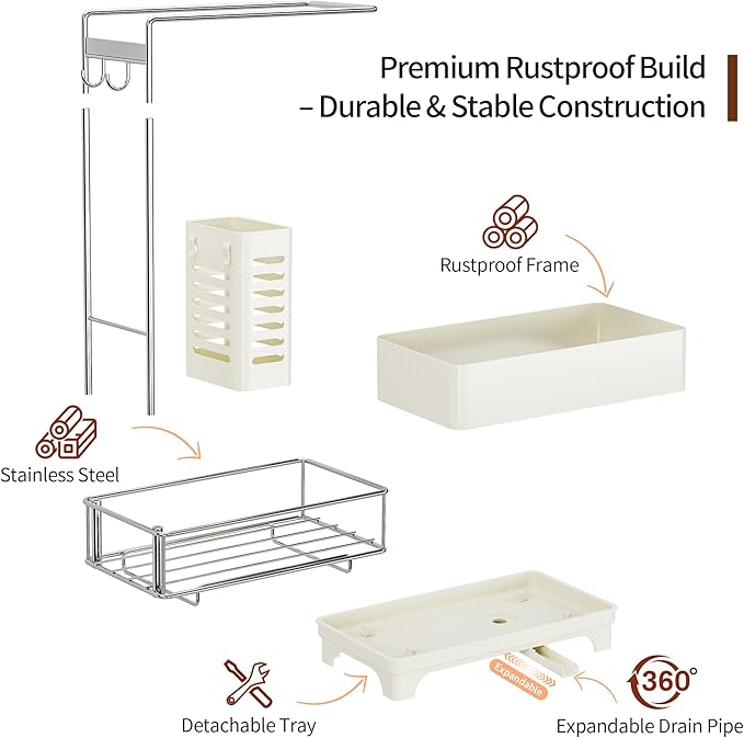 MOUKABAL Sponge Holder for Kitchen Sink, 2-Tier Sink Caddy Organizer with Drain Holes and Hooks, Holds Dishcloth, Sponge & Brushes, Kitchen Countertop Storage for New Home Essentials Off-white - Image 3