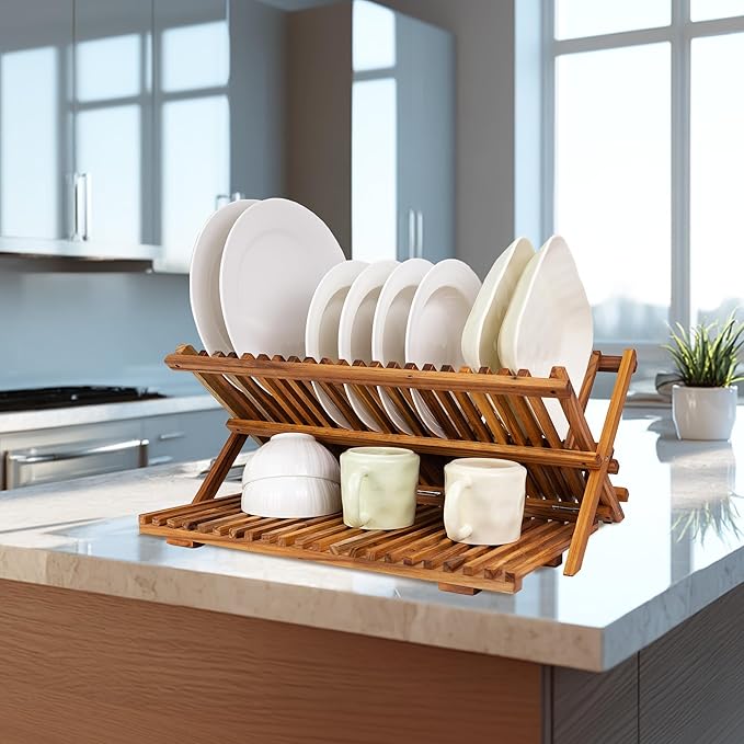 Utoplike Large Teak Dish Drying Rack, Wooden 3 Tier Collapsible Dish Draine for Countertop, Kitchen Organizer for Pasta Plates, Cups - Image 7