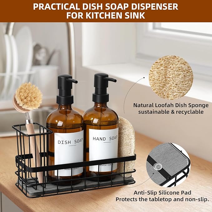 Dish Soap Dispenser for Kitchen, 16.9 fl oz Amber Hand and Dish Soap Dispensers, Kitchen Soap Dispenser Set with Sponge Holder, Brush Holder and Loofah Sponge, Countertop Sink Organizer Accessories - Image 6
