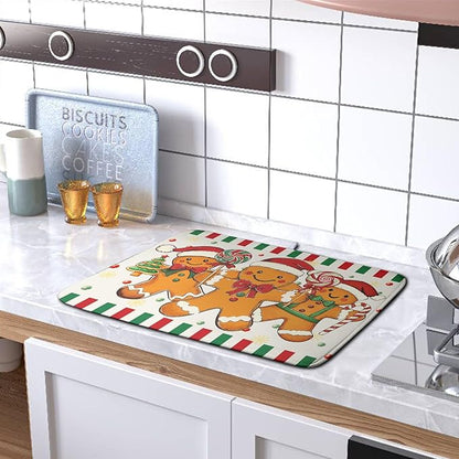 Christmas Dish Drying Mat Gingerbread Man Candy Cane Xmas Tree Drying Mats for Kitchen Counter Winter Holiday Dish Drainer Pad Absorbent Microfiber Dish Draining Mat 18x24 Inch - Image 5