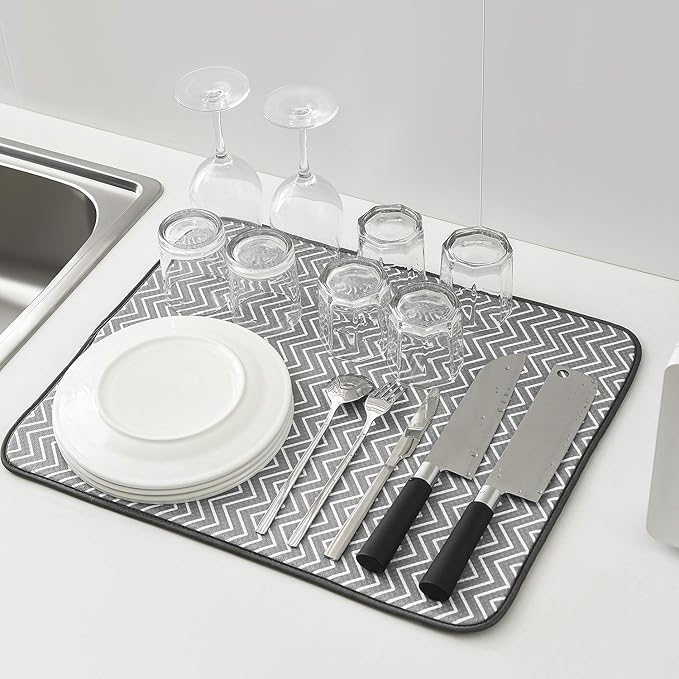 SUBEKYU Dish Drying Mat for Kitchen Counter, Microfiber Absorbent Dishes Drainer/Rack Pads under Sink, 19.6 by 16.1 inches, Set of 2, Grey, Ripple - Image 8