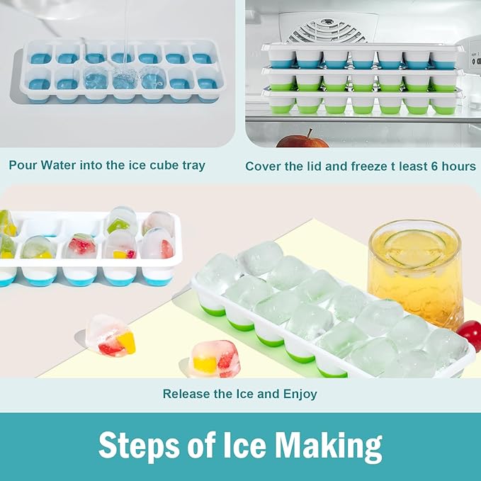 3 Pack Ice Cube Trays with Lids, Flexible Silicone Bottom for Easy Release, Stackable & Space-Saving Ice Molds, 1.2" Cubes Color-Coded (2 Green 1 Blue) for Juice, Coffee & Cocktails, BPA Free - Image 4