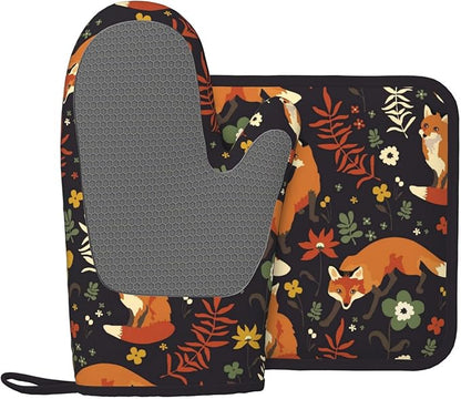 Fox Silicone Oven Mitts Pan Mats Set of 2, Heat Resistant Gloves Potholder with Non-Slip Grips Hanging Loops Pot Holder, Spring Summer for Chef Cooking, Baking, Grilling, BBQ