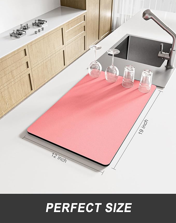 Rnivvi Dish Drying Mat for Kitchen Counter, 12 x 19" Super Absorbent Drainer Pad Easy Clean Dish Rack Pad, Non-Slip Heat Resistant Coffee Bar Mats for Coffee Machine Station Accessories, Rose Pink - Image 2