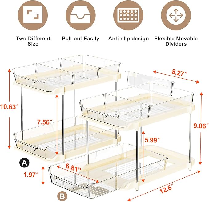 Delamu 2-Tier Multi-Purpose Bathroom Under Sink Organizers and Storage, Stackable Kitchen Pantry Organization, Pull Out Medicine Cabinet Organizer with Movable Dividers, Beige, 2 Pack - Image 2