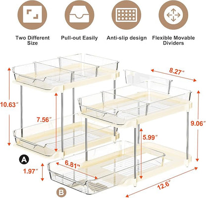 Delamu 2-Tier Multi-Purpose Bathroom Under Sink Organizers and Storage, Stackable Kitchen Pantry Organization, Pull Out Medicine Cabinet Organizer with Movable Dividers, Beige, 2 Pack - Image 2