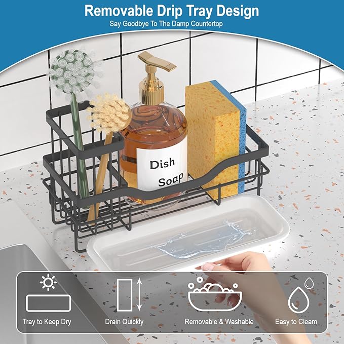 Sponge Holder for Kitchen Caddy Sink Organizer, Multifunctional Rustproof Dish Soap Sponge Caddy for Sink Counter with Detachable Brush Holder & Drain Tray - Storage Kitchen & Home Accessories - Image 4