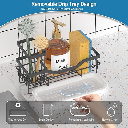 Sponge Holder for Kitchen Caddy Sink Organizer, Multifunctional Rustproof Dish Soap Sponge Caddy for Sink Counter with Detachable Brush Holder & Drain Tray - Storage Kitchen & Home Accessories - Image 4