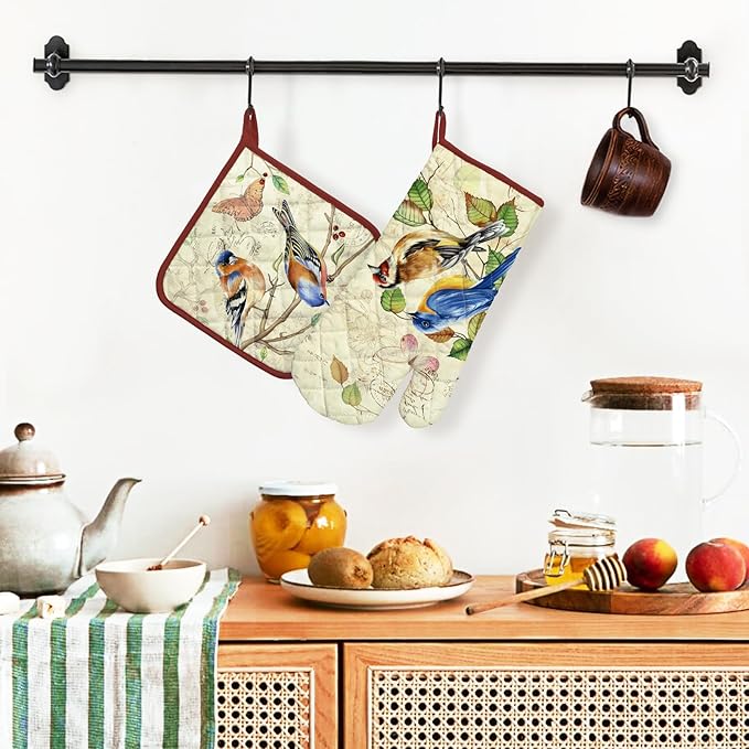 Vintage Bird Oven Mitts and Pot Holders Sets 2Pcs, 100% Cotton Heat Resistant, Extra Long Oven Gloves Potholder for Kitchen Cooking Baking Decoration, Housewarming Gifts for Mom - Image 5