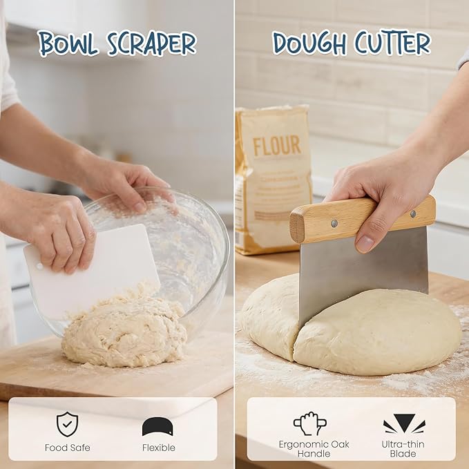 RORECAY Bread Banneton Proofing Basket Set, 9 Inch Round & 10 Inch Oval Cane Sourdough Baskets with Dough Whisk Lame Dough Scraper Bowl Scraper Silicone Brush Sourdough Bread Baking Supplies - Image 3