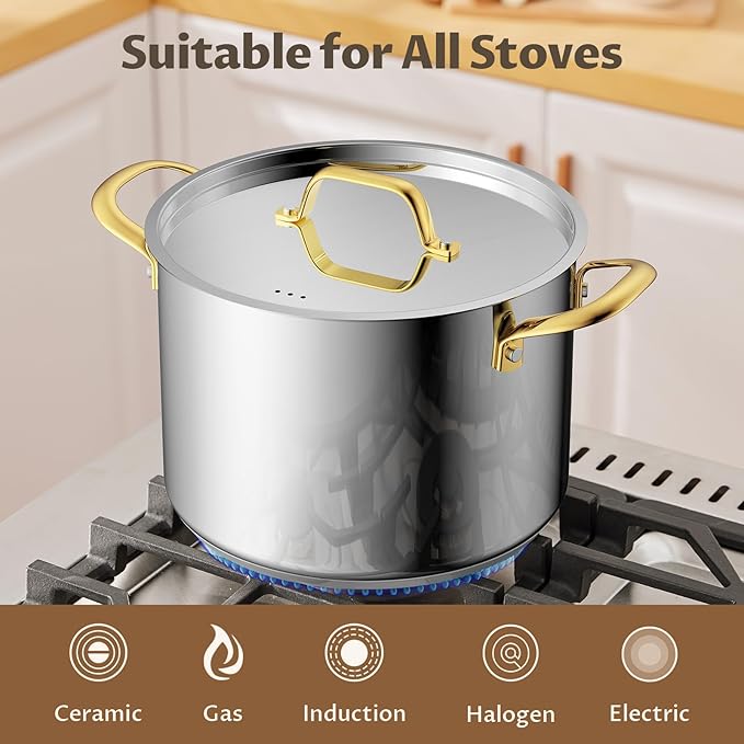 BEZIA 12 Quart Stainless Steel Stock Pot with Lid, 0-Coating Large Soup Pot for Family Gatherings, Tri-ply Even Heat for Holiday Feasts, Batch Cooking & Canning - Image 4