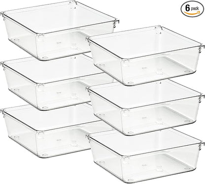 Ravinte 6 Pack Drawer Organizer - 6" X 6" Plastic Storage Bins, Acrylic Organizers with Non-Slip Pads Clear Desk Storage Tray for Makeup, Jewelries, Kitchen Utensils, Bathroom and Office by Ravinte
