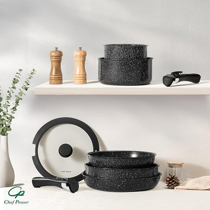 Chef Power Ceramic Nonstick Cookware Set 19 Piece with Detachable Handle, Induction Dishwasher Oven Safe Pans and Pots Set, RV Kitchen Set Removable Handle, Rock Stone Black - Image 8