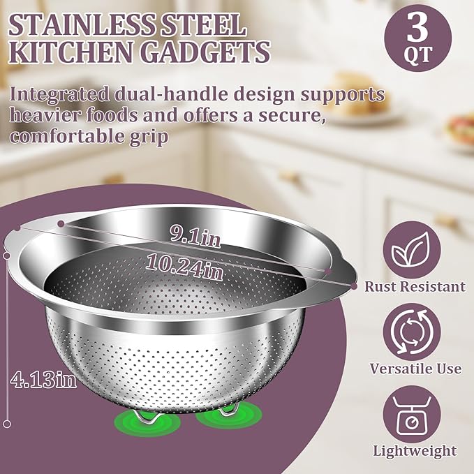 Stainless Steel Colander - 3QT Medium Capacity Strainer with Handle, Kitchen Food Strainer Basket for Washing Vegetables, Fruits, Rice, and Pasta, Kitchen Present for Women - Image 4