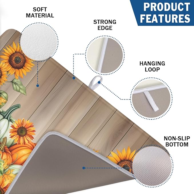 Fall Orang Pumpkin Dish Drying Mat for Kitchen Counter 18 x 24 Inch Autumn Sunflower Dish Drainer Mat Absorbent Microfiber Thanksgiving Wooden Dish Rack Pad for Coffee Dining Bar Decor