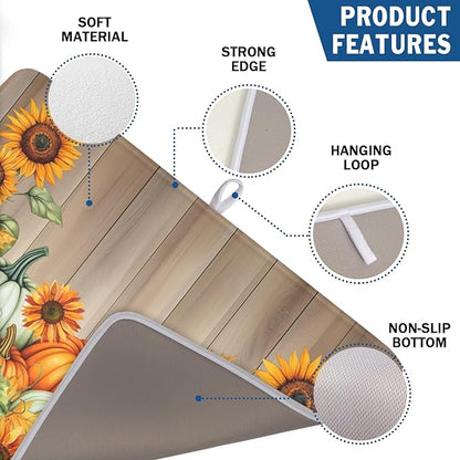 Fall Orang Pumpkin Dish Drying Mat for Kitchen Counter 18 x 24 Inch Autumn Sunflower Dish Drainer Mat Absorbent Microfiber Thanksgiving Wooden Dish Rack Pad for Coffee Dining Bar Decor