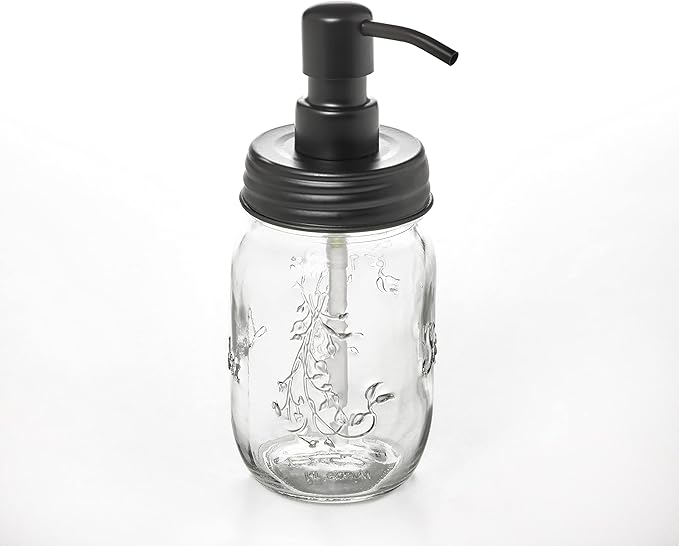 Mason Jar Soap and/or Lotion Dispenser with Gloss Black Pump Dispenser for Hand Sanitizer. Comes with Non Slip Coaster. Use with Liquid Soap or Hand/Body Lotion (Gloss Black, 2pk 16oz)