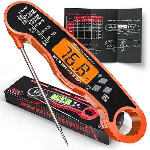 AWLKIM Digital Meat Thermometer with Doneness Chart, 2-Sec Instant Read Food Thermometer for Cooking, Grilling, Oven, Air Fryer - Waterproof Backlit Magnetic Flip Probe, Gift for Men, Dad - Orange by AWKLIM