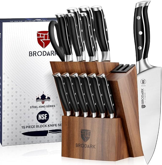 Kitchen Knife Set - Full Tang 15 Pcs Professional Chef Knife Set with Sharpener, Razor - sharp Knives Set for Kitchen, German Stainless Steel - Knife Block Set, Gift Box for Mom, Mothers Day by BRODARK